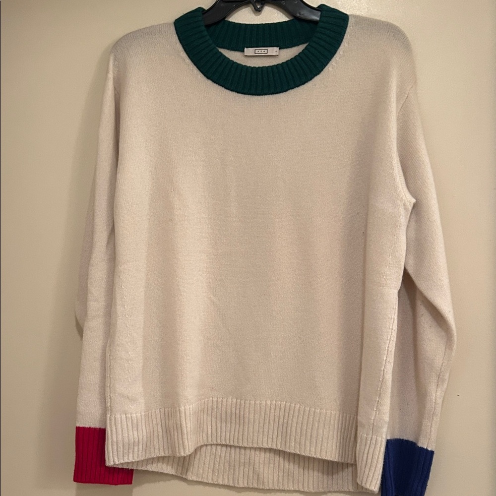 AYR Cashmere Cream Sweater with Green, Red, and Blue Accents